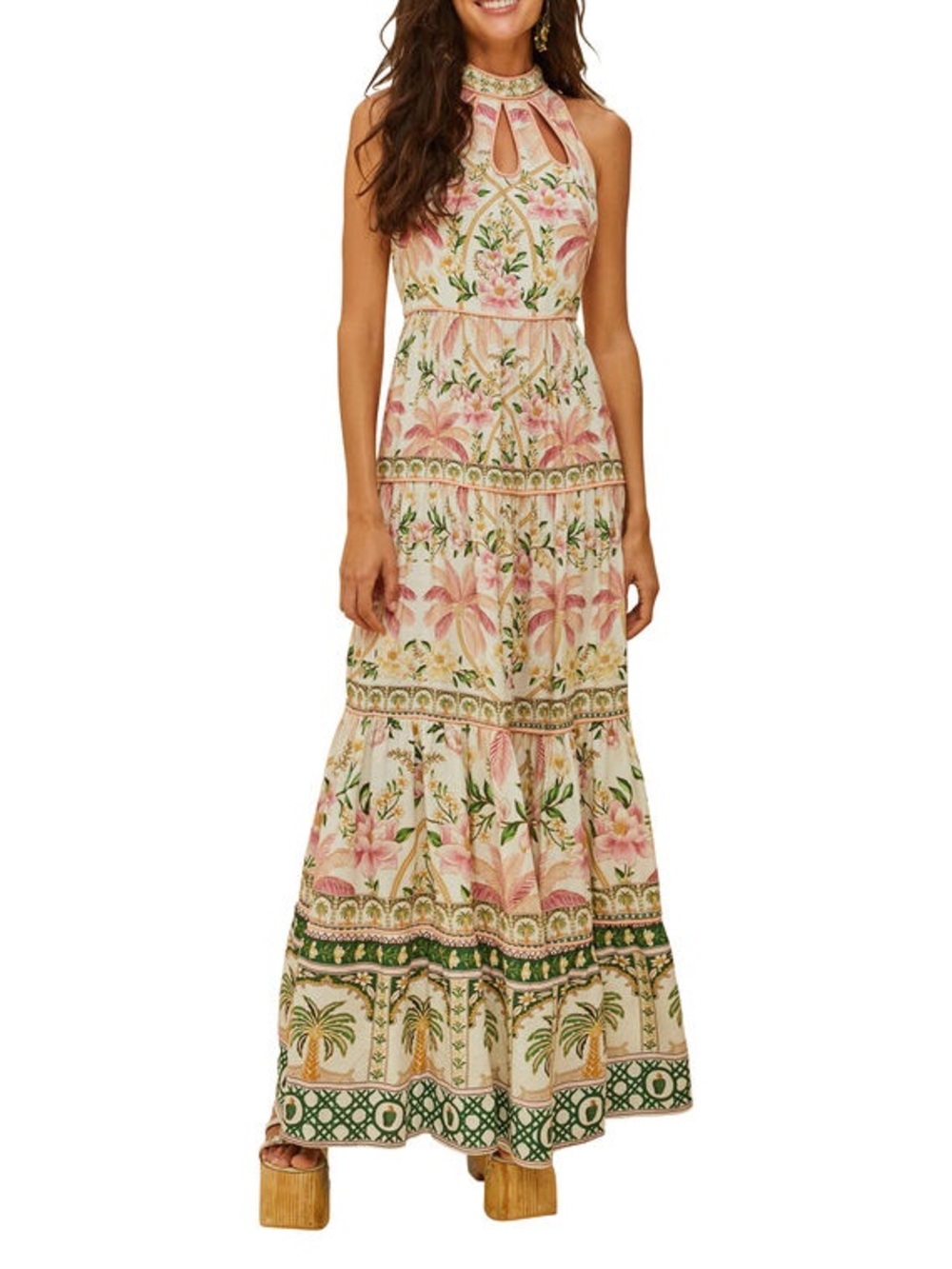 FARM RIO
Palm Tree Eyelet Midi Dress Floral Halter Maxi Dress in Pink